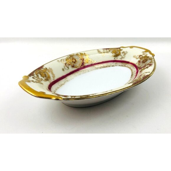 Meito China Oval Bowl Dish Gold Burgundy Trim Japan Hand Painted Vintage - Picture 8 of 10